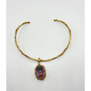 Mystic Topaz Oval Pendant Necklace Gold & Brass Twisted Collar